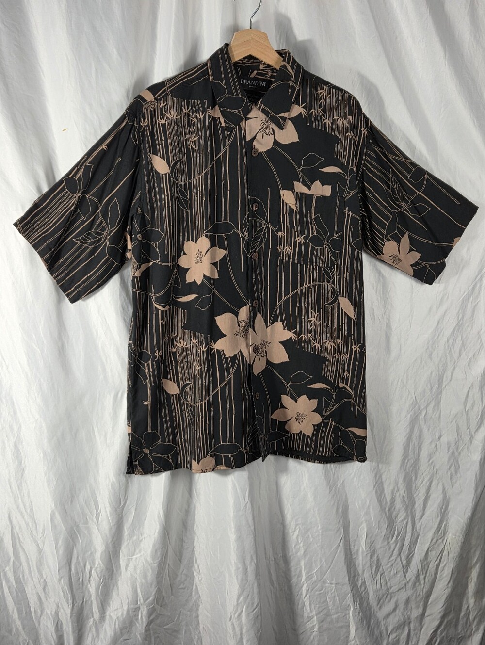 Brandini Men's Black & Beige Floral Pure Silk Button-Up Shirt Size Medium